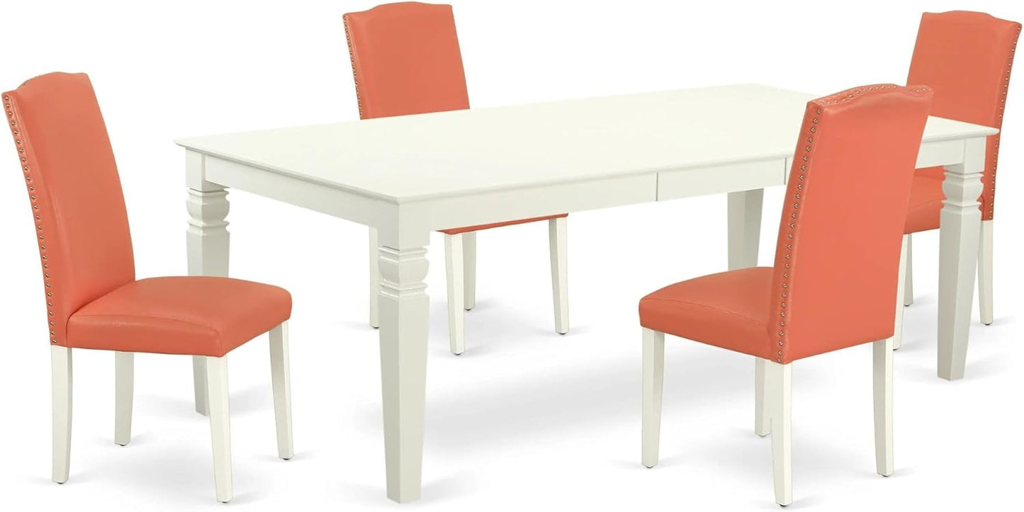East West Furniture LGEN5-LWH-78 5 Piece Dinette Set Includes a Rectangle Dining Room Table with Butterfly Leaf and 4 Pink Flamingo Faux Leather Parsons Chairs, 42x84 Inch, Linen White