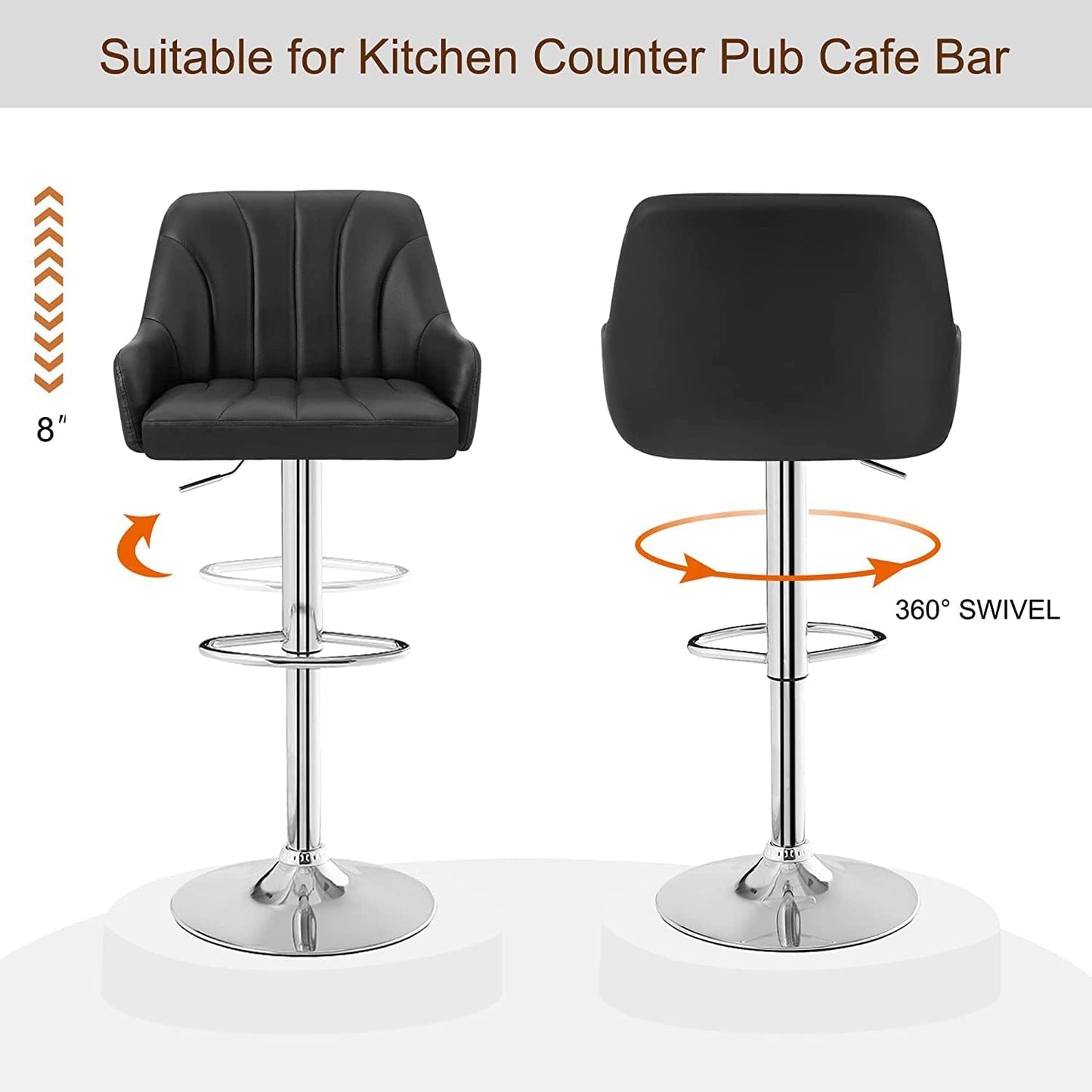 VECELO Barstools Set of 4, Counter Height Bar Stools Adjustable Stools with Back and Arm, Kitchen Island Stools Swivel Bar Chairs for Pub Dinning Room, Black