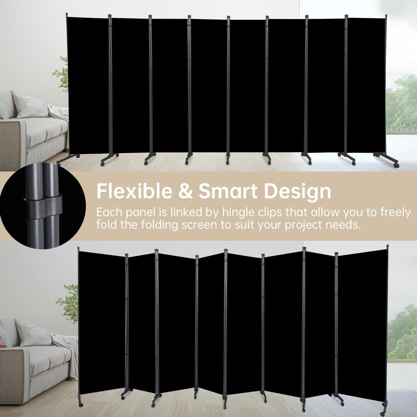Room Divider 8 Panel Room Dividers/Wheels, Room Divider Panel for Office Room Partitions and Dividers, Portable Partition Wall Divider for Room Separation, Fabric Folding Room Dividers and Screens
