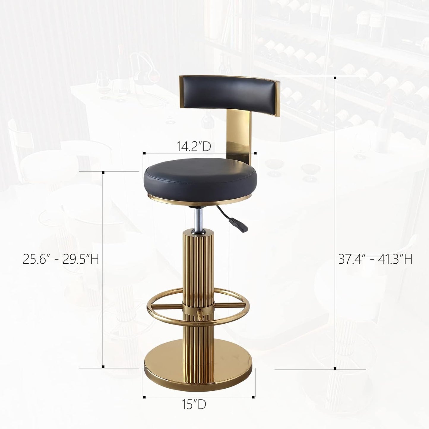 FUNROLUX Swivel Bar Stools with Backrest, Modern Adjustable Height Counter Stool with Metal Legs and Comfortable Cushion, Black and Gold Bar Chair for Kitchen Island Counter (Black)