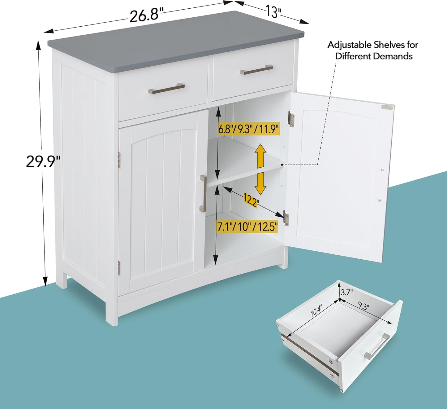 Modern White Buffet Cabinet, 26x30 Inches, 2 Doors, 2 Drawers, Adjustable Shelves, Anti-Fall Drawers, Dining Room Storage