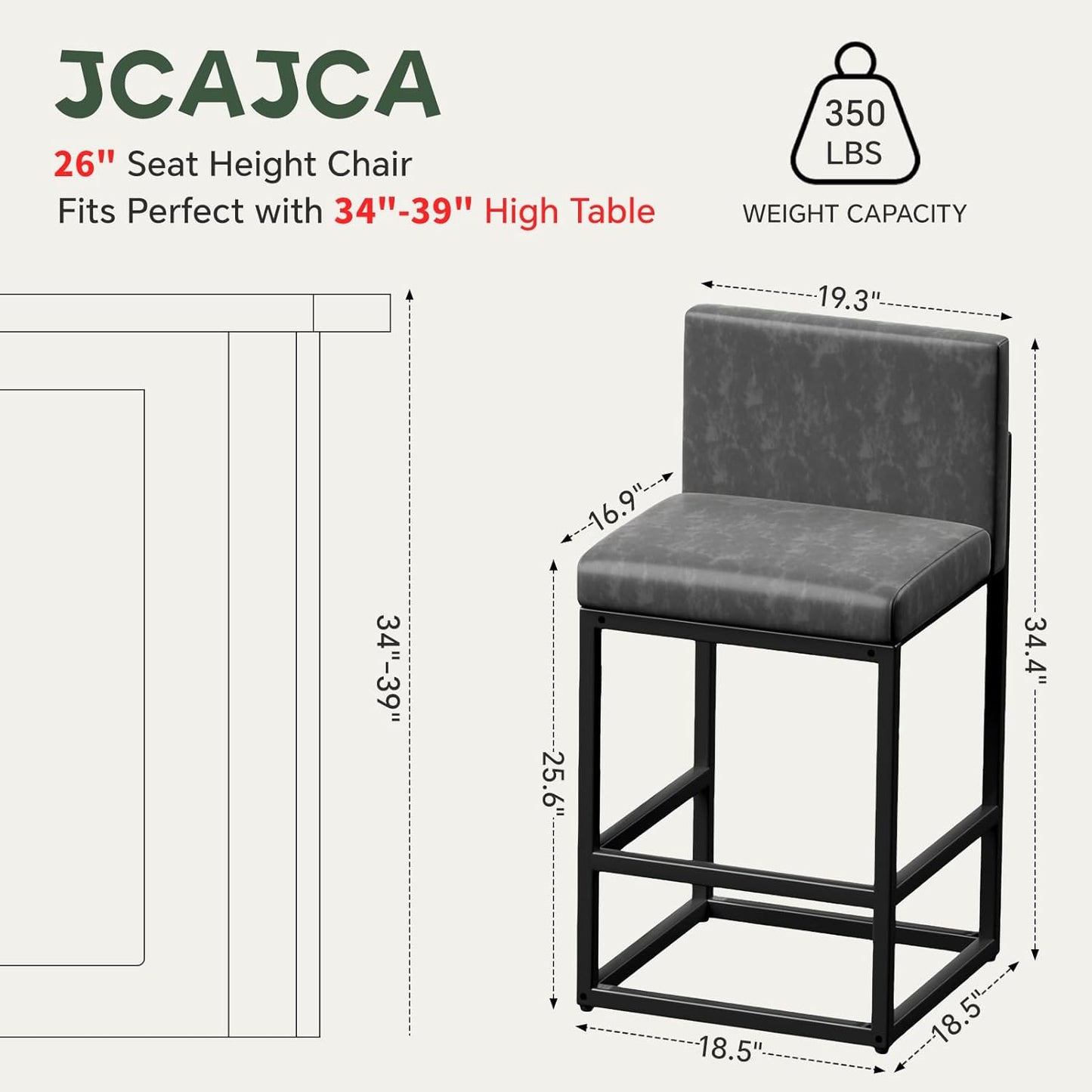 Barstools Set of 2 Grey Metal Bar Stools Modern Bar Chairs Pu Leather for Kitchen Island Counter Height Cafe Resturant Stools, 26 Inch