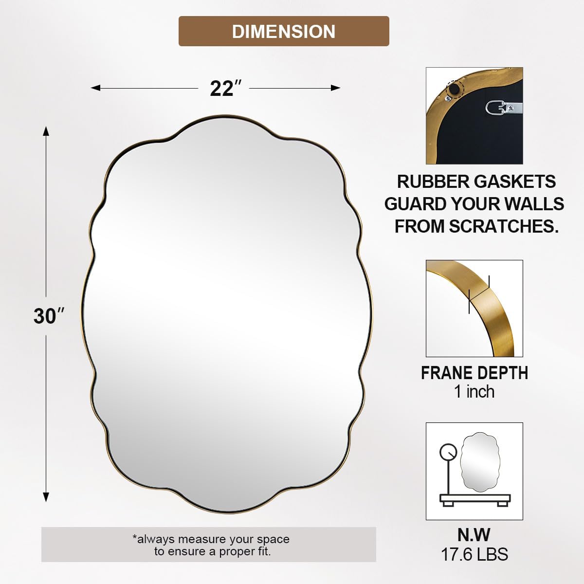 ANDY STAR Brushed Gold Scalloped Mirror - 22x30 Inch Bathroom Mirror, Vintage Oval Vanity Mirror, Rust-Proof Anti Rust Stainless Steel Wall Mount Horizontal or Vertical