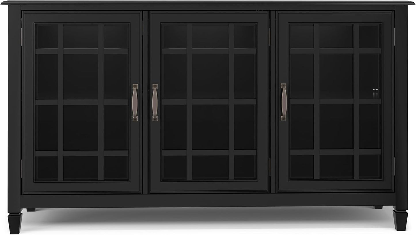 SIMPLIHOME Connaught Solid Wood 60 inch Wide Traditional Wide Storage Cabinet Buffet in Black for The Living Room, Entryway and Family Room
