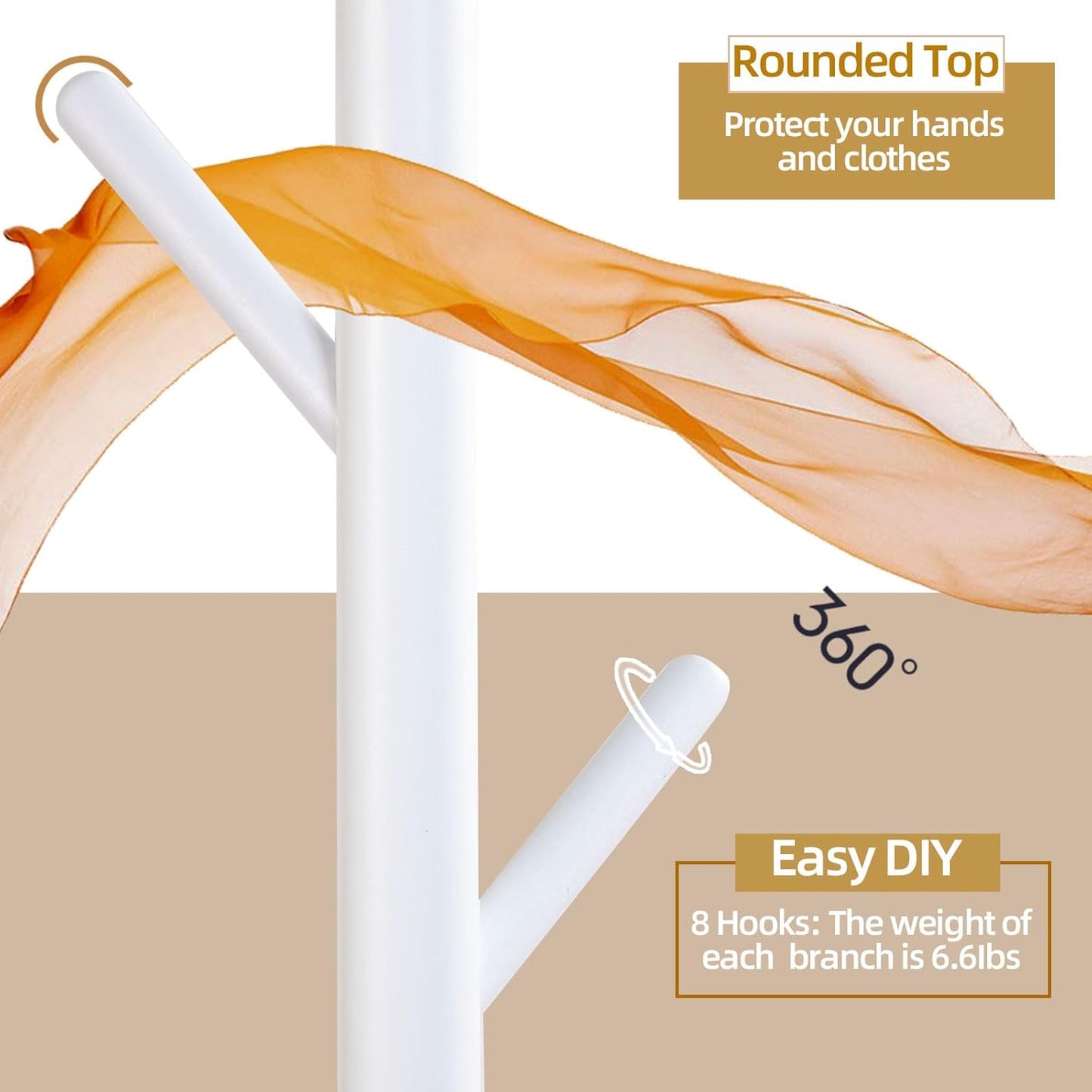 Yawinhe Coat Rack, Sturdy Woode Stand Tree with 8 Hooks, 3 Adjustable Height for Bedroom, Hallway, Entrance, Office, 11.8 x 70.8 inches, White, 1-Pack, Square Base