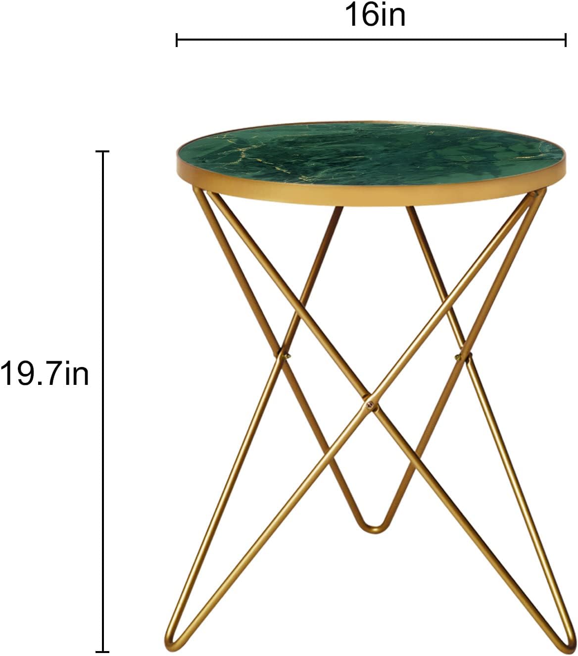 HLR Modern Round Side Table Set of 2, End Table with Marble Effect Top and Gold Metal Frame, Small Side Table for Living Room, Bedroom, Sofa and Couch, Gold Legs, Green Marble top