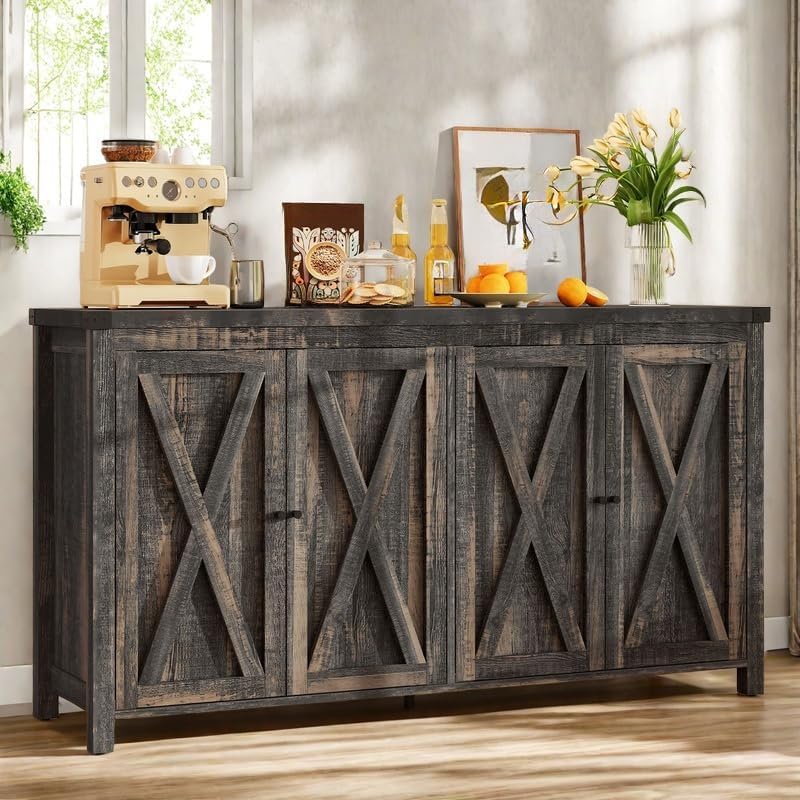 DWVO Buffet Cabinet with Storage, 55" Sideboard Buffet Storage Cabinet with Shelves and Doors, Farmhouse Coffee Bar Cabinets Kitchen Table for Kitchen, Dining Room, Dark Oak