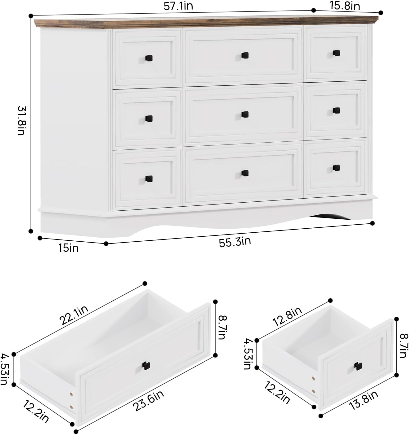 57" Wooden Dresser with 9 Drawers, Modern Farmhouse Furniture Organizer, Chest of Drawers with Rustic Top, Bedroom Storage Cabinet for Clothes, Accessories, Living Room, or Entryway, White