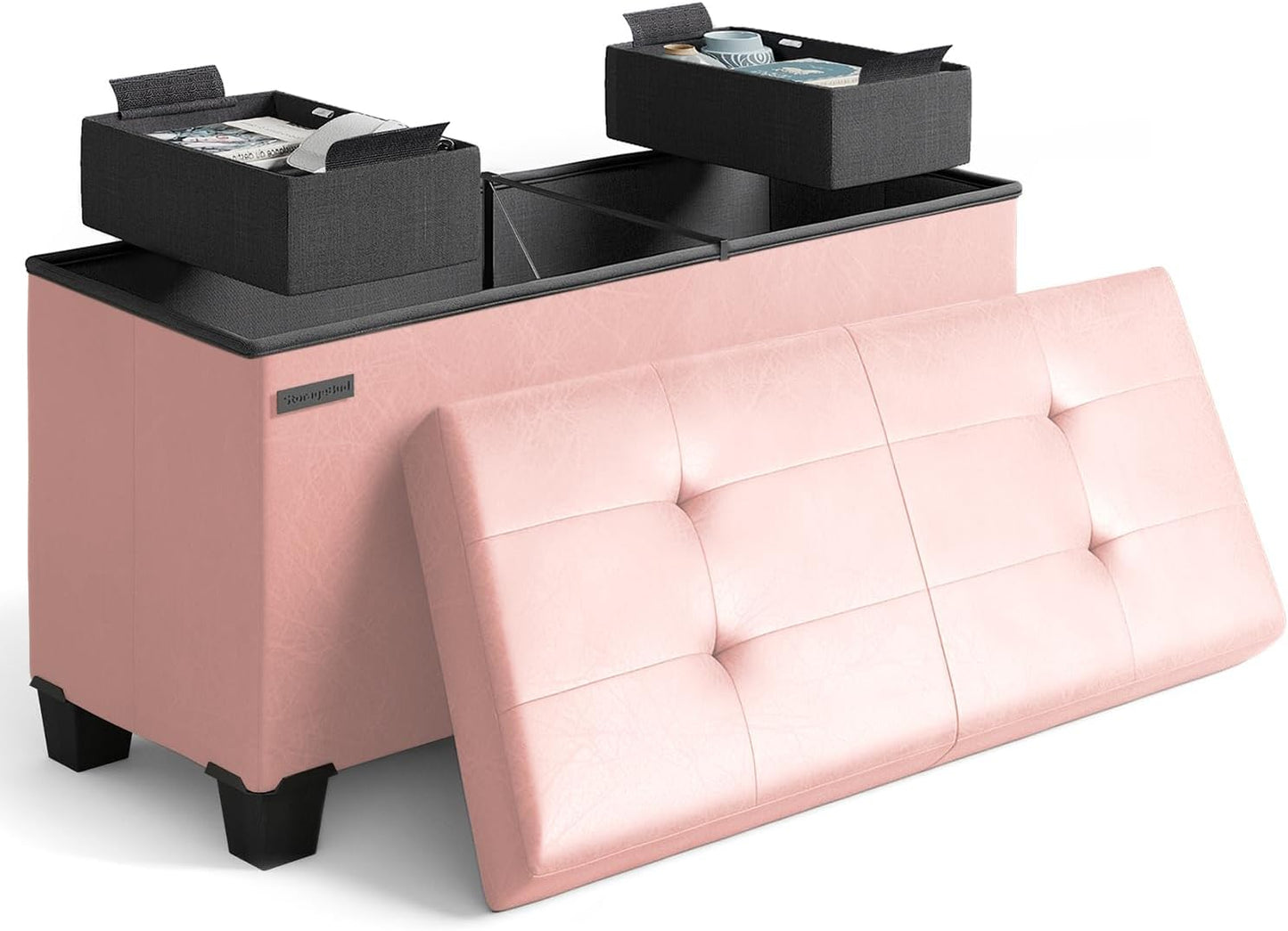 STORAGEBUD Storage Ottoman Bench with Bins, 30-in Storage Bench for Bedroom End of Bed, Folding Foot Rest Ottoman for Living Room Max 660lbs, Faux Leather Ottomans, Pink