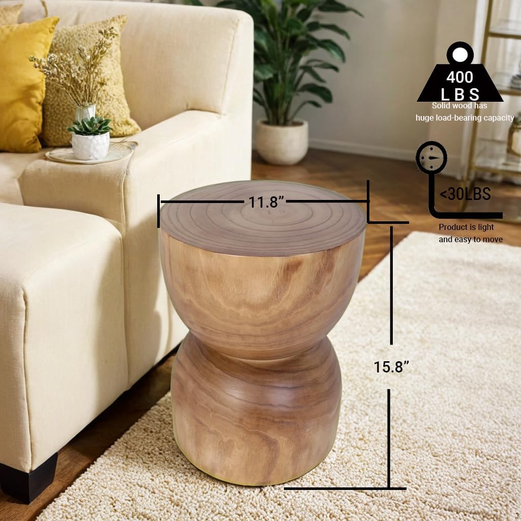 Small Wooden Side Table, 15.75" H Hand Carved Rustic Tree Stump End Table, Natural Paulownia Wood Compact Round Coffee Table, Mini Indoor Outdoor Wood Stool for Living Room, Bedroom, Patio, Garden