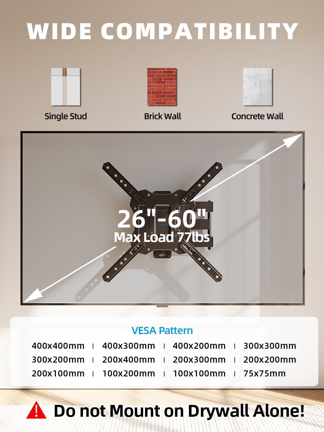UL Listed Full Motion TV Wall Mount for 26-60 Inch TV Mounts Up to 77 lbs, Max VESA 400x400mm, Wall Mount TV Bracket with Swivel, Tilting, Leveling Adjust & Extendable Arm