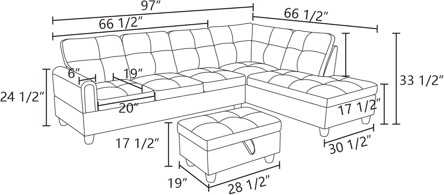 L Shaped Sectional Sofa with Ottoman, Modern Couches for Living Room, Microfiber Facing, Bedroom, Office