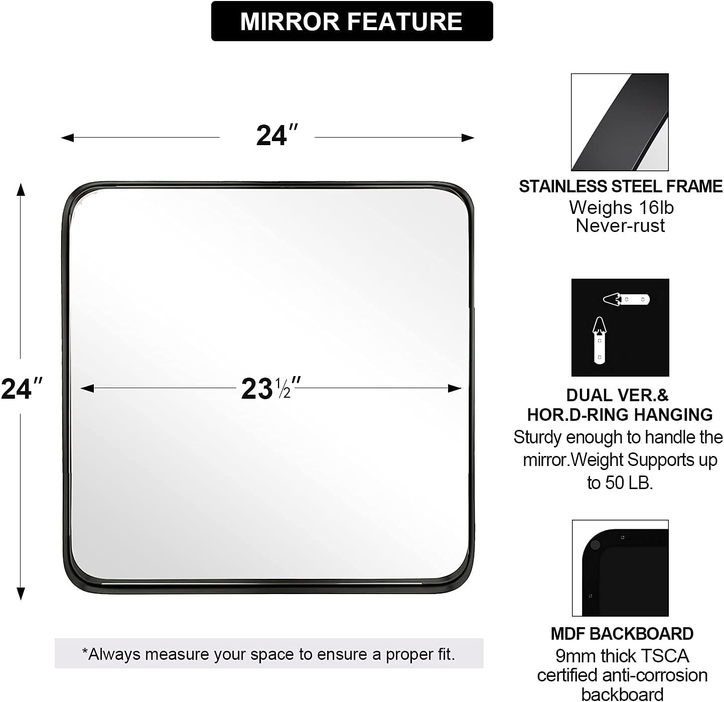 ANDY STAR Square Wall Mirror for Bathroom, 24”x24” Matte Black Bathroom Mirror, Rounded Corner Metal Mirror in Premium Stainless Steel Frame Hangs Horizontal Or Vertical