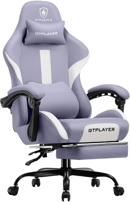 GTRACING Gaming Chair with Foot Rest & Pocket Spring Cushion, Breathable Fabric for Home Office Desk, Ergonomic High Back Computer Chair with Headrest & Lumbar Support, Lavender Purple