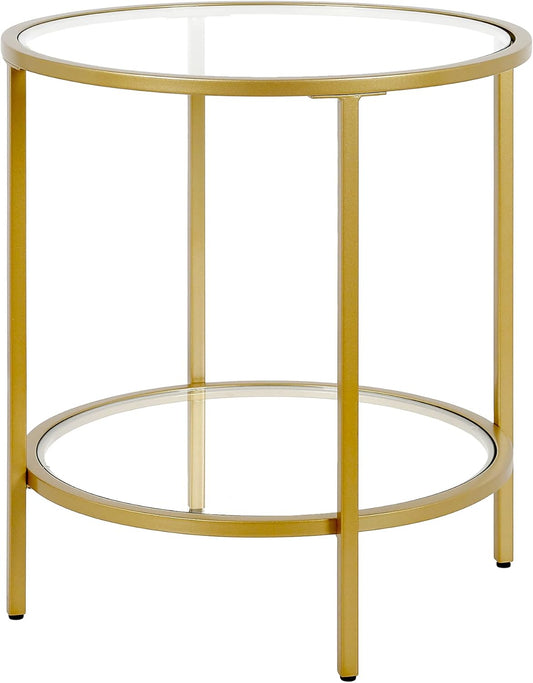 Henn&Hart 20" Wide Round Side Table with Glass Shelf in Brass, Table for Living Room, Bedroom