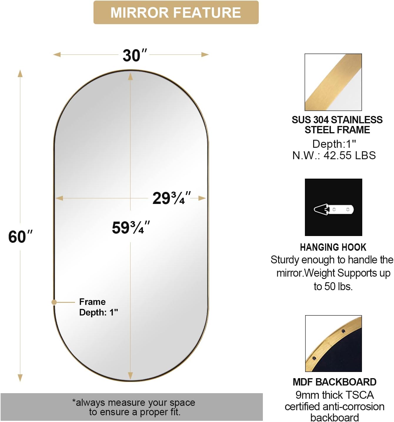 ANDY STAR Gold Bathroom Mirror 60 x 30 Inch, Full Length Mirror, Oval Vanity Mirror, Pill Shaped Mirror in Stainless Steel 1’’ Deep Wall Mounted Vertical/Horizontal