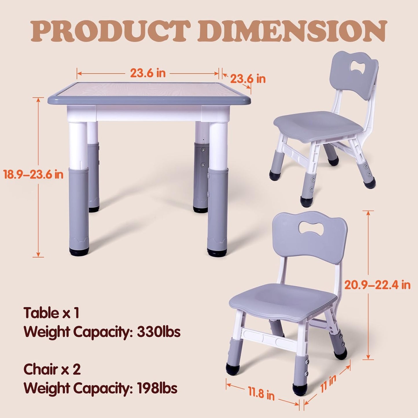 Kids Table and 2 Chairs Set, Height Adjustable Toddler Study Table and Chair Set, Kid Size for Ages 3-8 Children, Graffiti Desktop, Easy to Wipe/Arts & Crafts, Homes/Classrooms/Daycare (Grey)