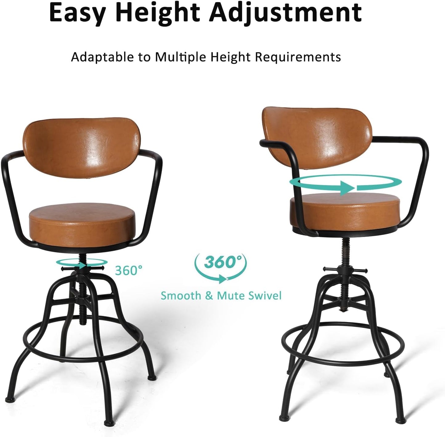 Diwhy Industrial Design Adjustable Height 21.65" - 26" Brown Leather Upholstered Backrest Seat Arm Chair Vintage Counter Stool