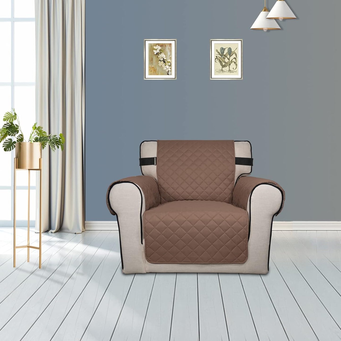 PureFit Reversible Sofa Cover Water Resistant Chair Couch Cover, Machine Washable Furniture Cover with Non-Slip Foam and Adjustable Strap for Dogs, Pets (Chair, Brown/Beige)