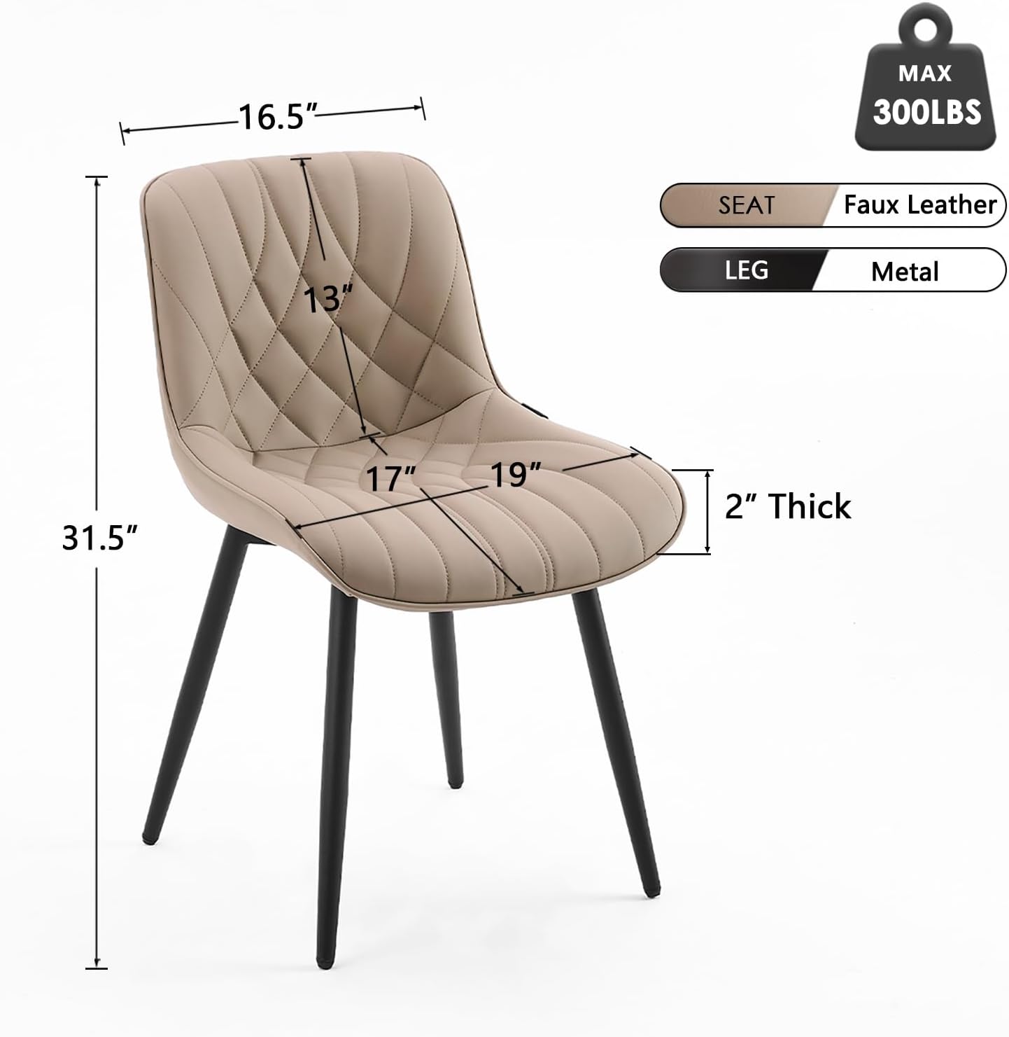 YOUNUOKE Dining Chairs Set of 2 Mid Century Modern Kitchen Chair Comfortable Upholstered Faux Leather Dinner Chairs for Kitchen Dining Room, Khaki