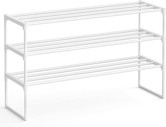 SONGMICS Shoe Rack, 3-Tier Shoe Organizer, Metal Storage Shelf, Upright or Upside Down, for 16-20 Pairs, Stackable, for Entryway, 11.8 x 36.2 x 21.7 Inches, Pearl White ULSA303W03