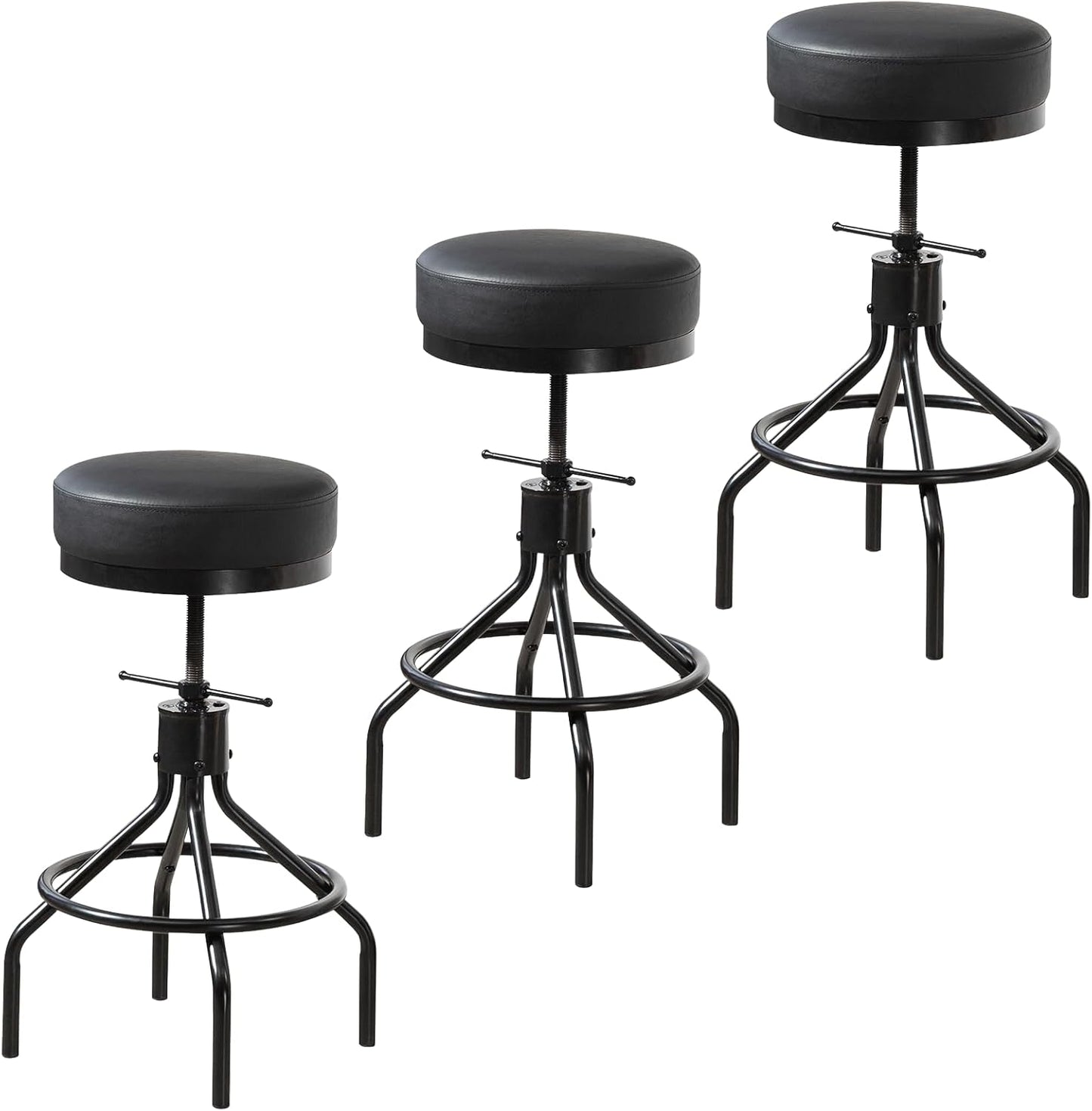 Industrial Bar Stools Set of 3 Adjustable Barstools Swivel Modern PU Leather 28inch Round Backless Kitchen Counter Height Metal Stool Bar Chair for Kitchen Island (3, Black)