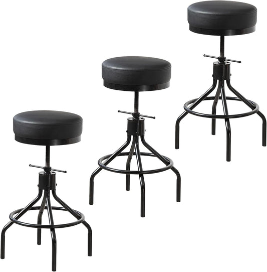 Industrial Bar Stools Set of 3 Adjustable Barstools Swivel Modern PU Leather 28inch Round Backless Kitchen Counter Height Metal Stool Bar Chair for Kitchen Island (3, Black)
