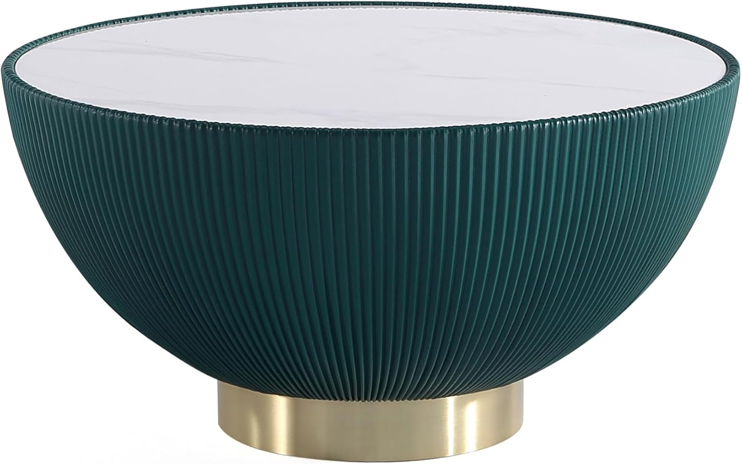 Manhattan Comfort Anderson Modern 28.15" Round Coffee Table 2.0 - Ceramic Marble Tabletop, Elegant Pleated Leatherette Details & Gold Base, Fully Assembled Accent Furniture, Set of 1, Green