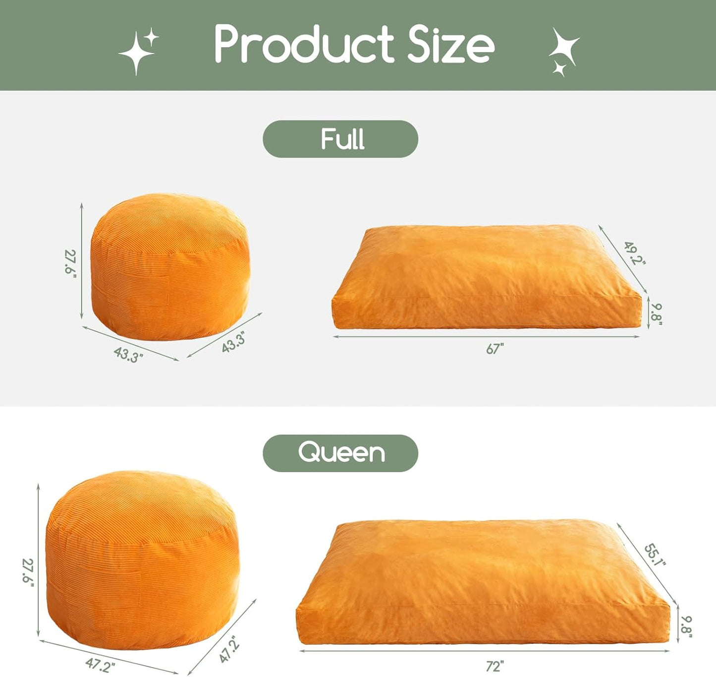 Giant Bean Bag Chair Bed for Adults,Convertible Beanbag Folds from Lazy Chair to Floor Mattress Bed,Large Floor Sofa Couch for Adult,Couples,Family,High-Density Foam Filling, Machine Washable, Orange
