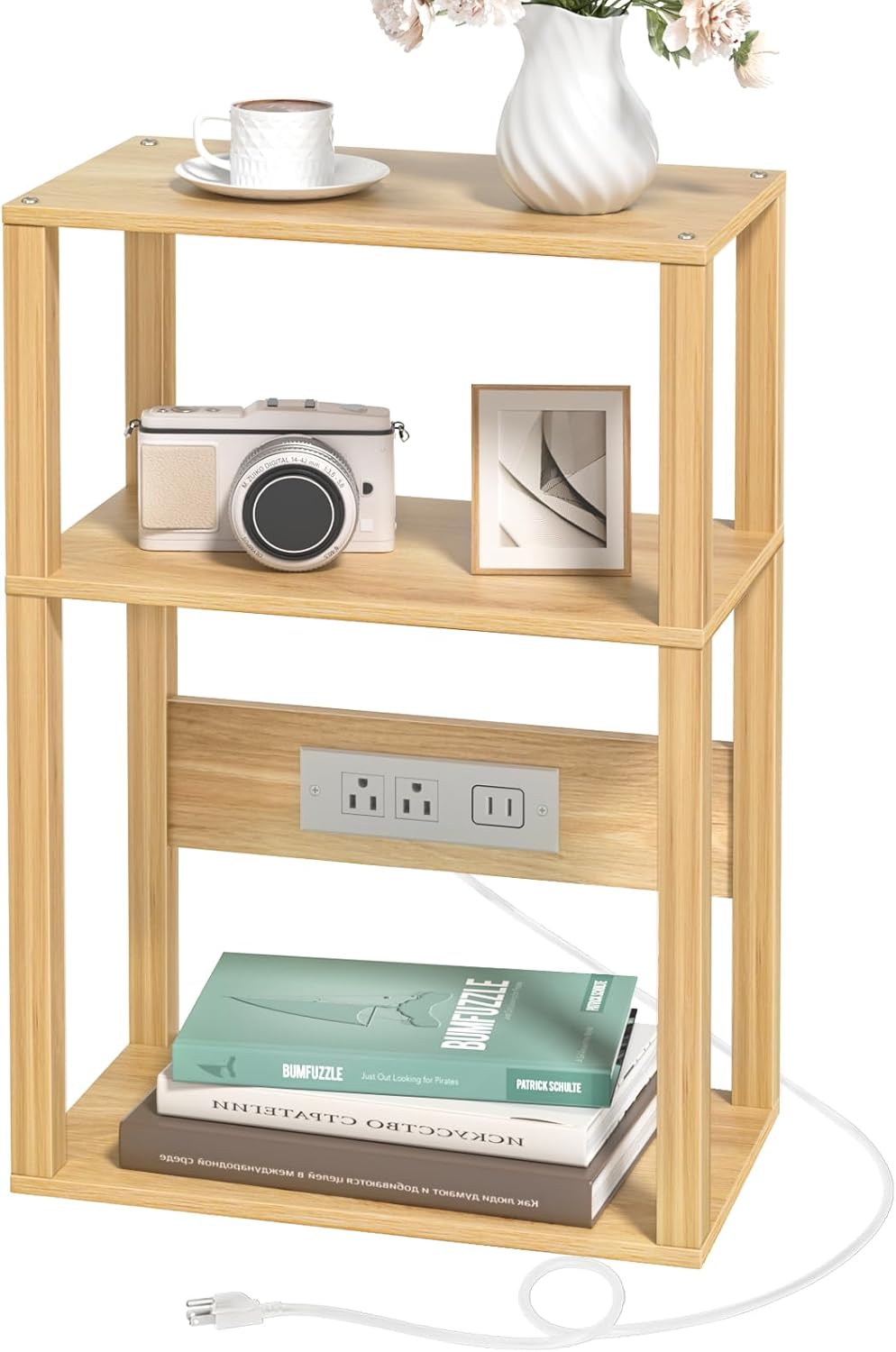 3-Tier Small Narrow Bamboo Side Table with Charging Station, Skinny Nightstand for Small Space, Slim Bedside Table with Storage for Couch, Wooden Thin End Table with USB Ports and Outlets, Natural