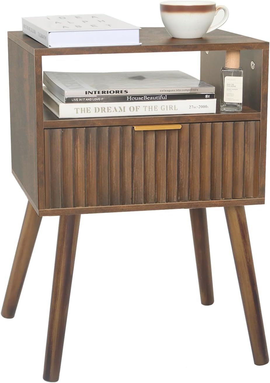 Walnut Nightstand, Wooden Bedside Table with Fluted Drawers and Open Shelf, Night Stand Wood for Bedroom, Dorm and Small Space (Rustic Brown)