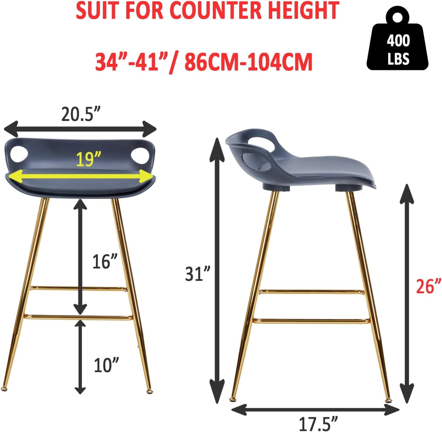 Sidanli Black Bar Stools, Barstool Set of 2, Counter Height Chairs with Gold Metal Legs, Island Chairs with Leather Cushion Seats & Footrests, 26” Bar Stools for Kitchen Island, Home Bar