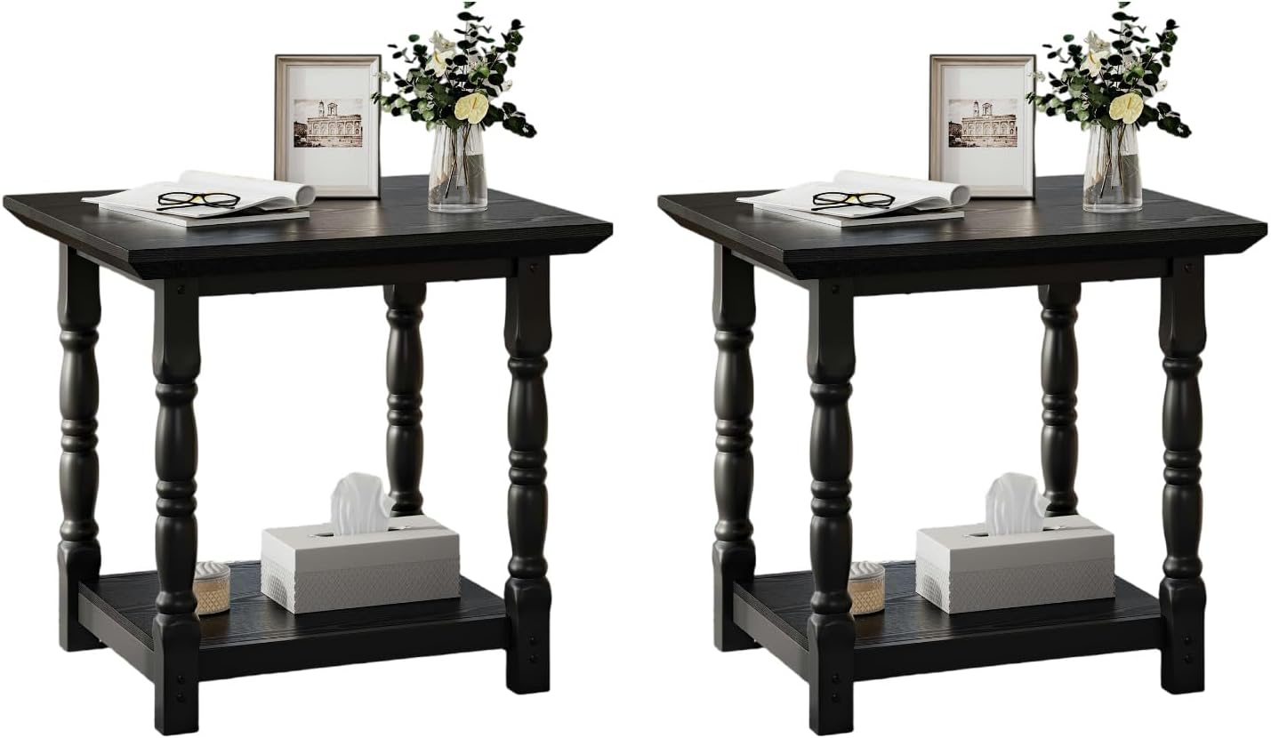DWVO Farmhouse Square Coffee Table Set of 2, Antique Accent Side Table with Floor Shelf, 23.6"x 23.6" Living Room Furniture, Black