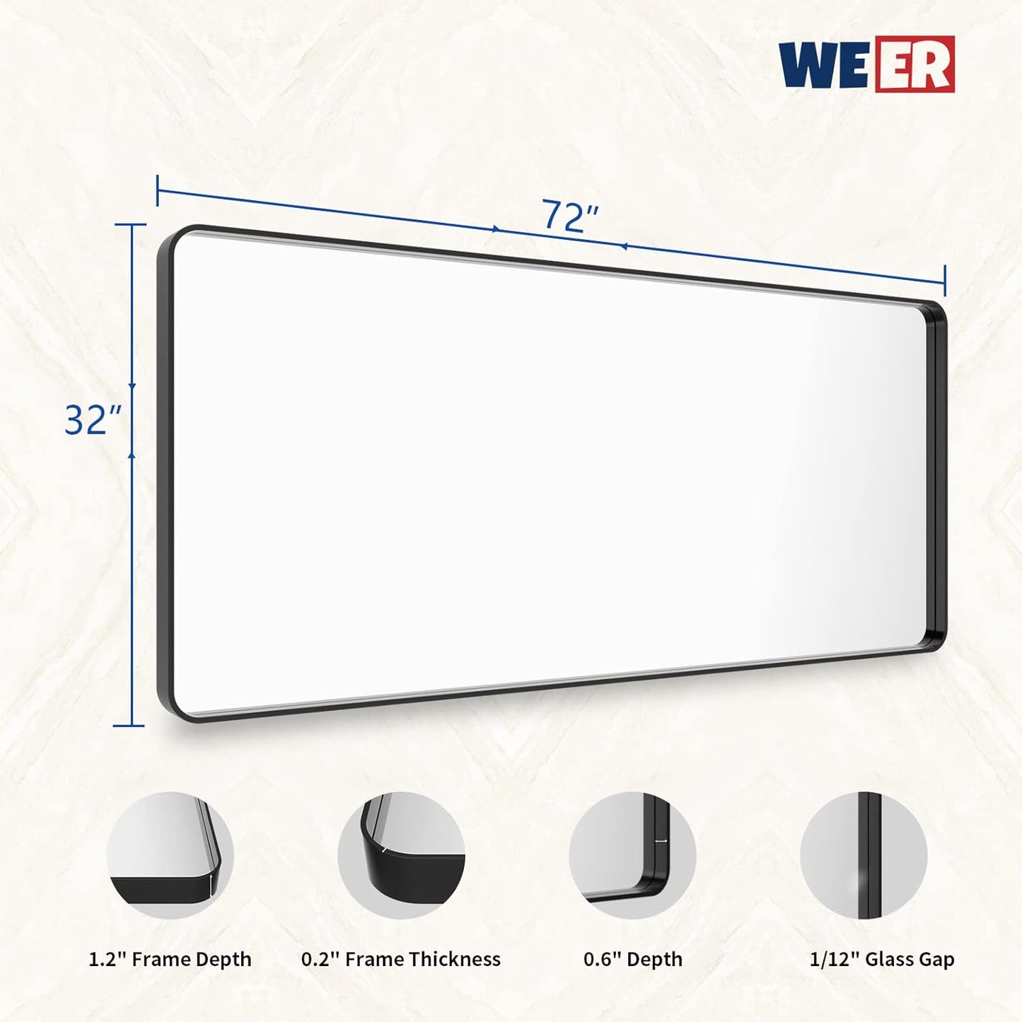 WEER Black Metal Framed Mirror 72X32 Inch, Black Bathroom Vanity Mirror, Rounded Rectangle Matte Black Bathroom Mirror for Wall, Tempered Glass, Anti-Rust, Hangs Horizontal or Vertical