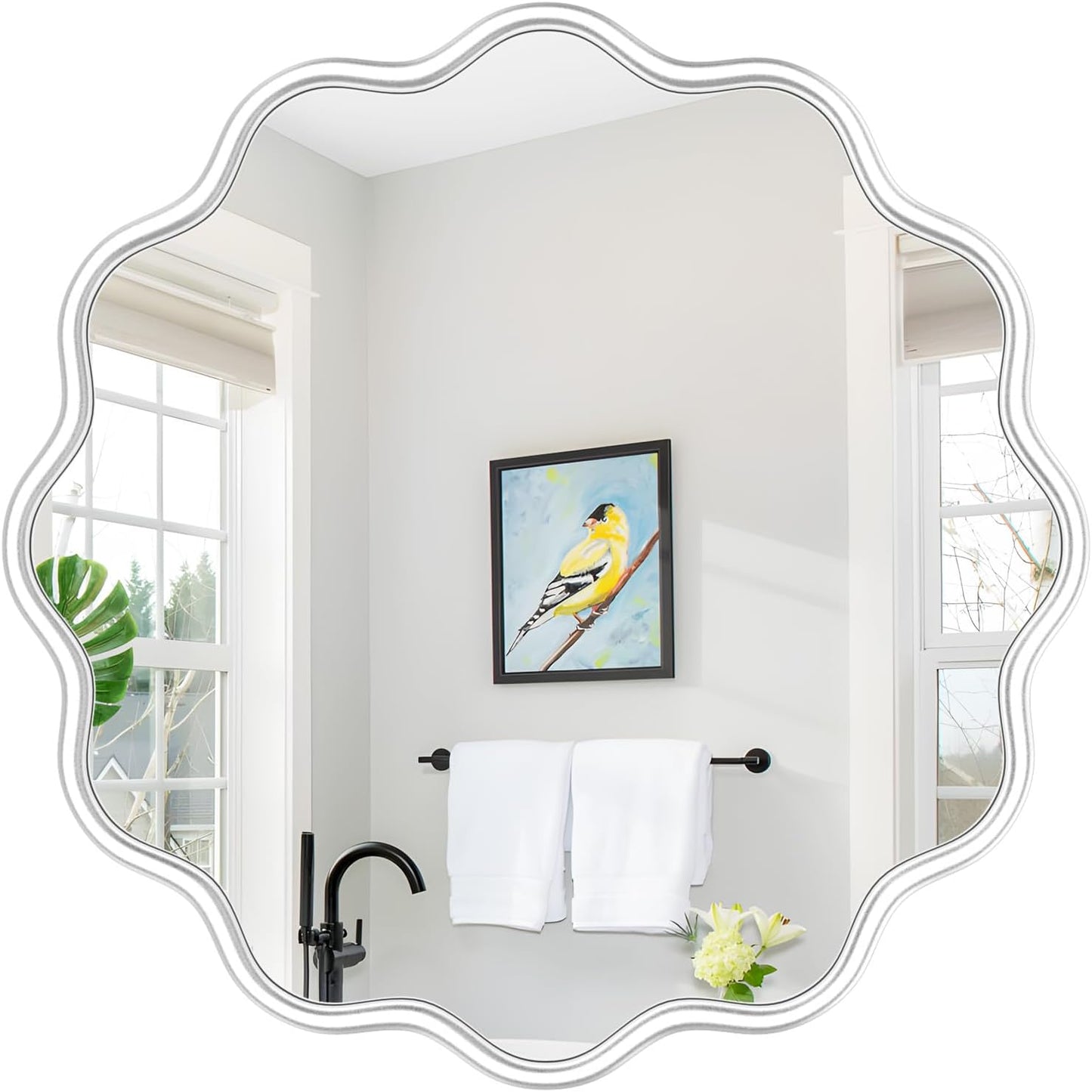 PROHOMEWARE White Round Mirror 28 Inch Wavy Bathroom Vanity Mirror White Frame Modern Wall Mirror Decorative Wall-Mounte Anti-Rust, Tempered Glass