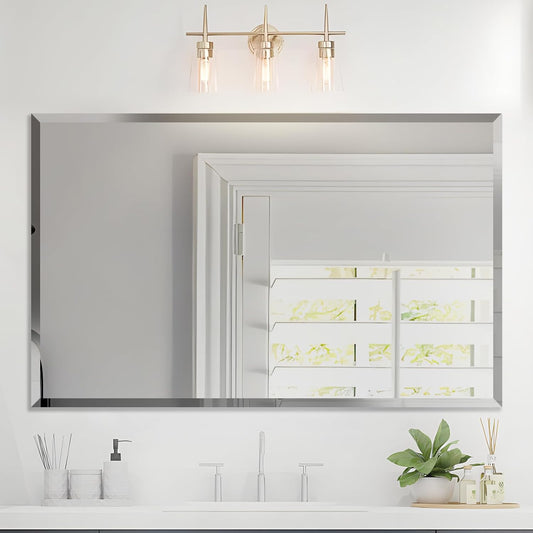 Beveled Mirror, 48"x30" Inch Beveled Frameless Mirror for Bathroom, Rectangular Beveled Edge Bathroom Vanity Mirror, Upgraded Shatterproof Wall Mirror, Hangs Horizontally or Vertically.