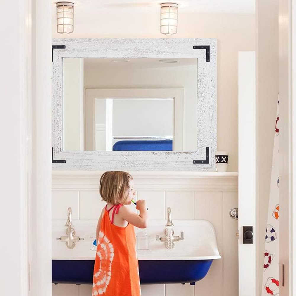 YOSHOOT Rustic Wooden Framed Wall Mirror, Natural Wood Bathroom Vanity Mirror for Farmhouse Decor, Vertical or Horizontal Hanging (26" x 18", White Grey)