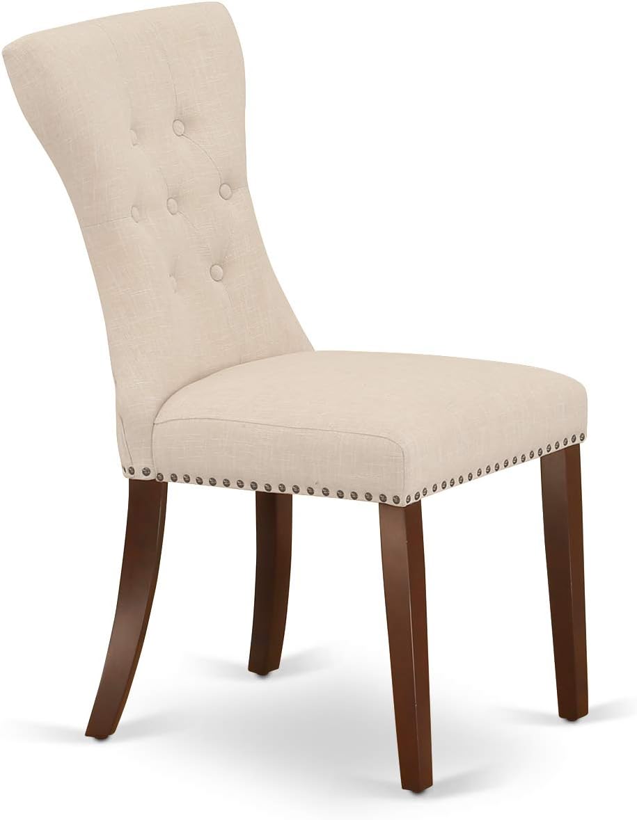 East West Furniture HLGA5-MAH-32 5 Piece Dining Room Furniture Set Includes a Round Dining Table with Pedestal and 4 Light Beige Linen Fabric Parsons Chairs, 42x42 Inch, Mahogany