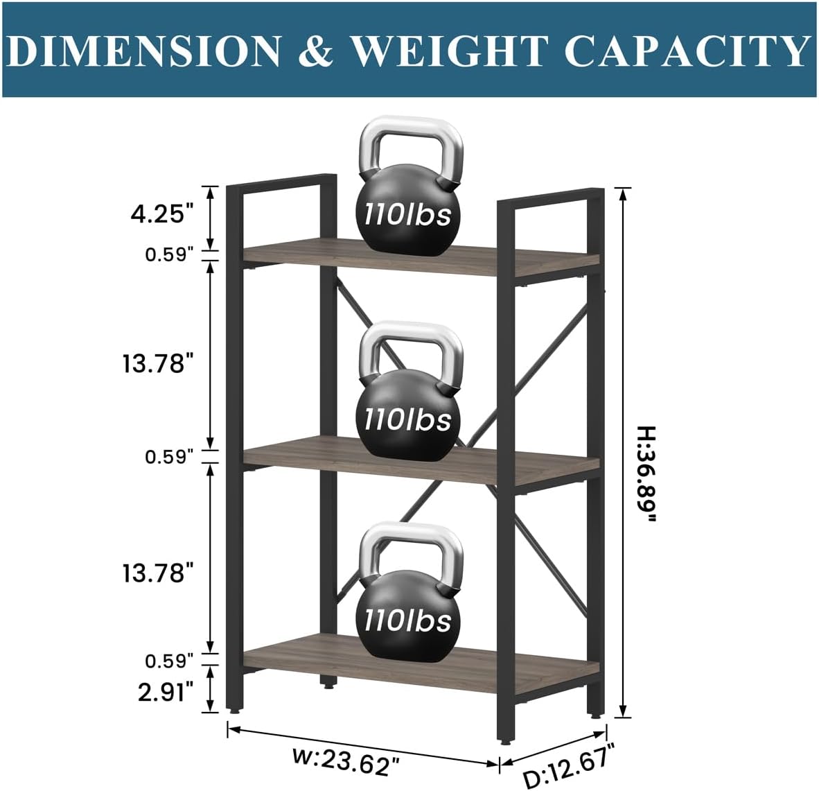 BON AUGURE 3 Tier Bookshelf, Small Rustic Book Shelf, Short Industrial Bookcase, Wood Metal Standing Etagere for Office, Bedroom and Living Room (Greige Oak)