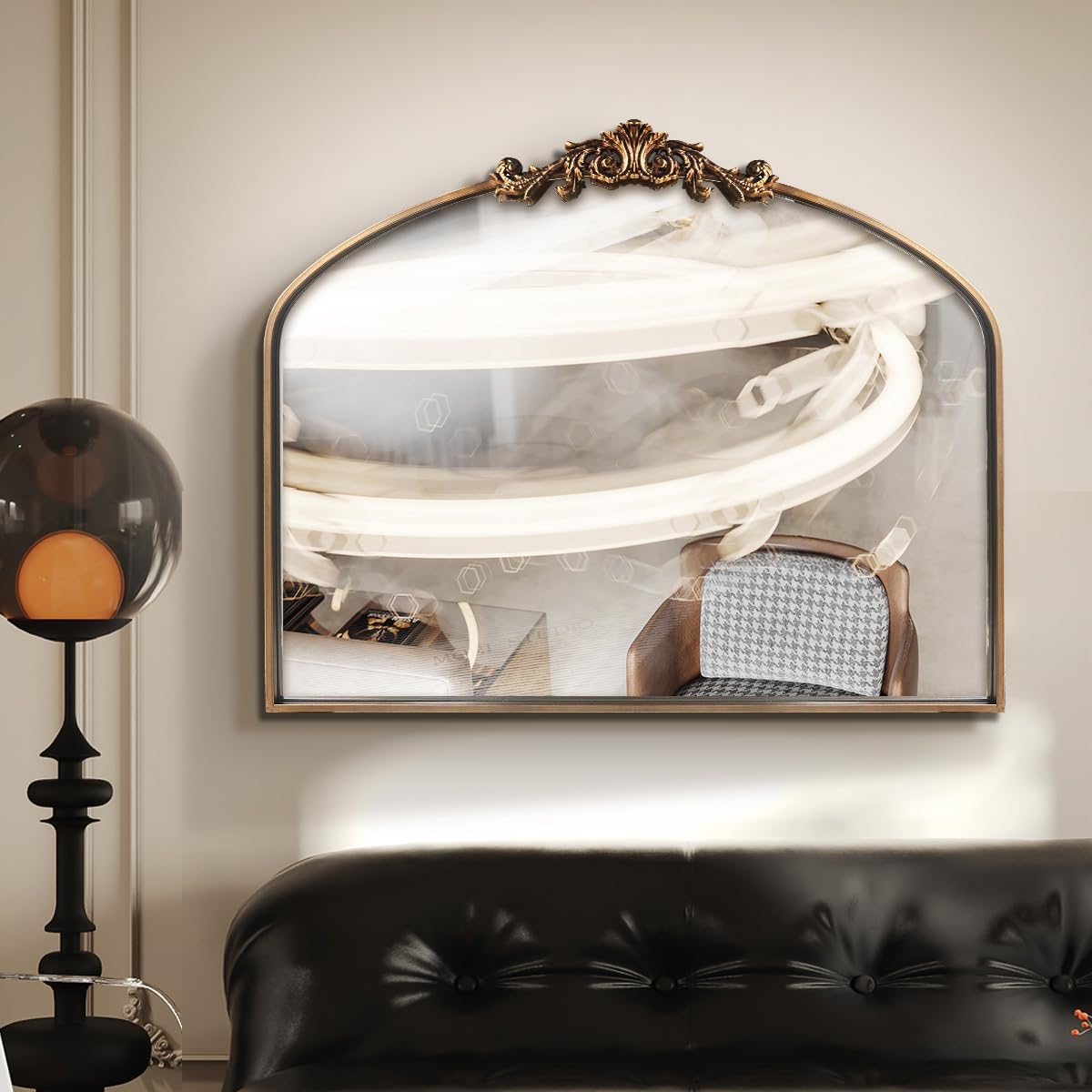 WAMIRRO Antique Mirror,Gold Traditional Vintage Ornate Baroque Arched Brass Wall Mounted Mirrors for Entryway/Fireplace/Living Room/Hallway/Bathroom 36"X30"