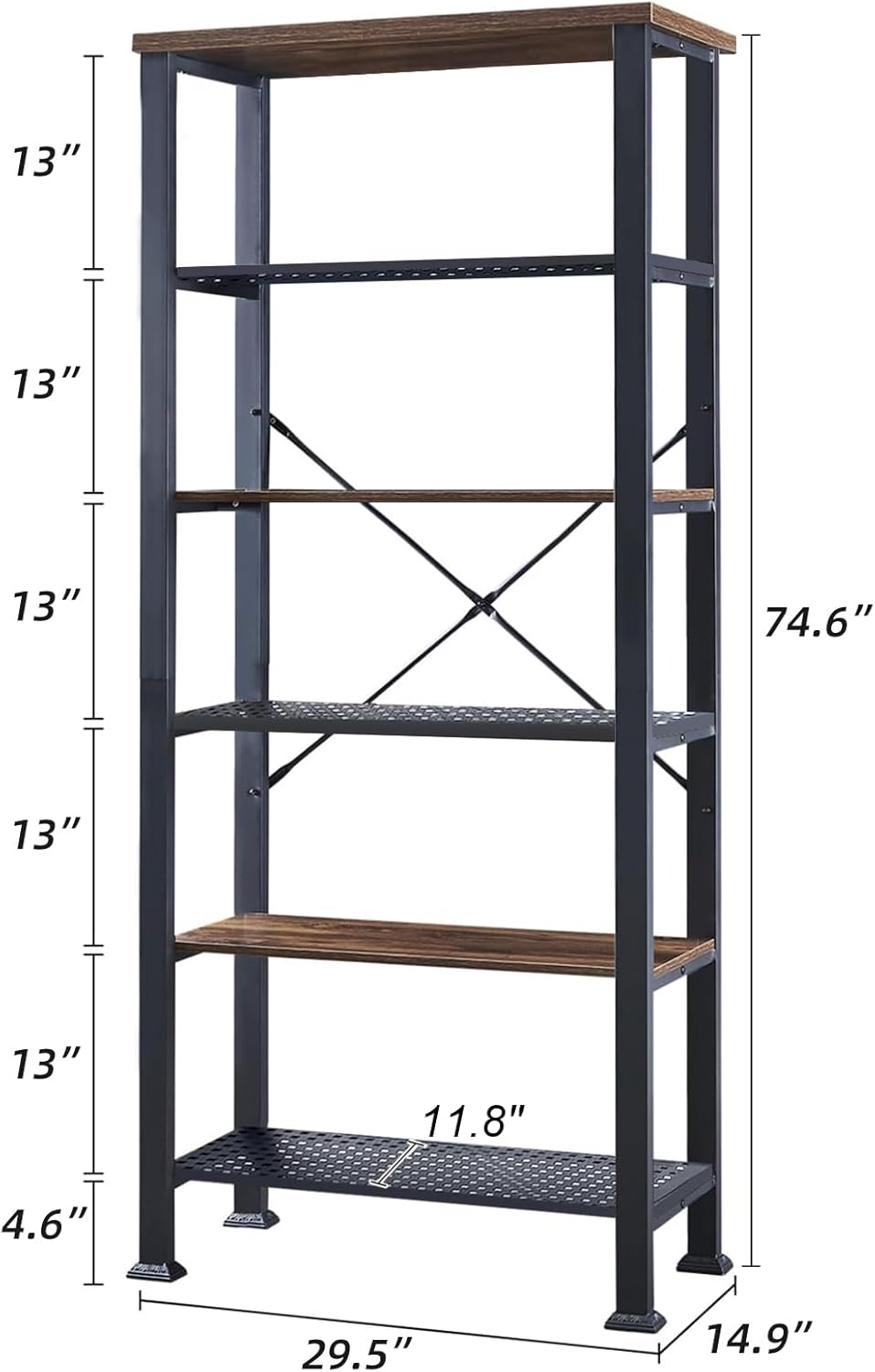 HOMBAZAAR 6 Tier Bookshelf,Rustic Brown Industrial Book Shelf,Engineered Wood and Metal Deep Bookcases,Tall Shelf Bookcase for Living Room,Office,Bedroom and Kitchen