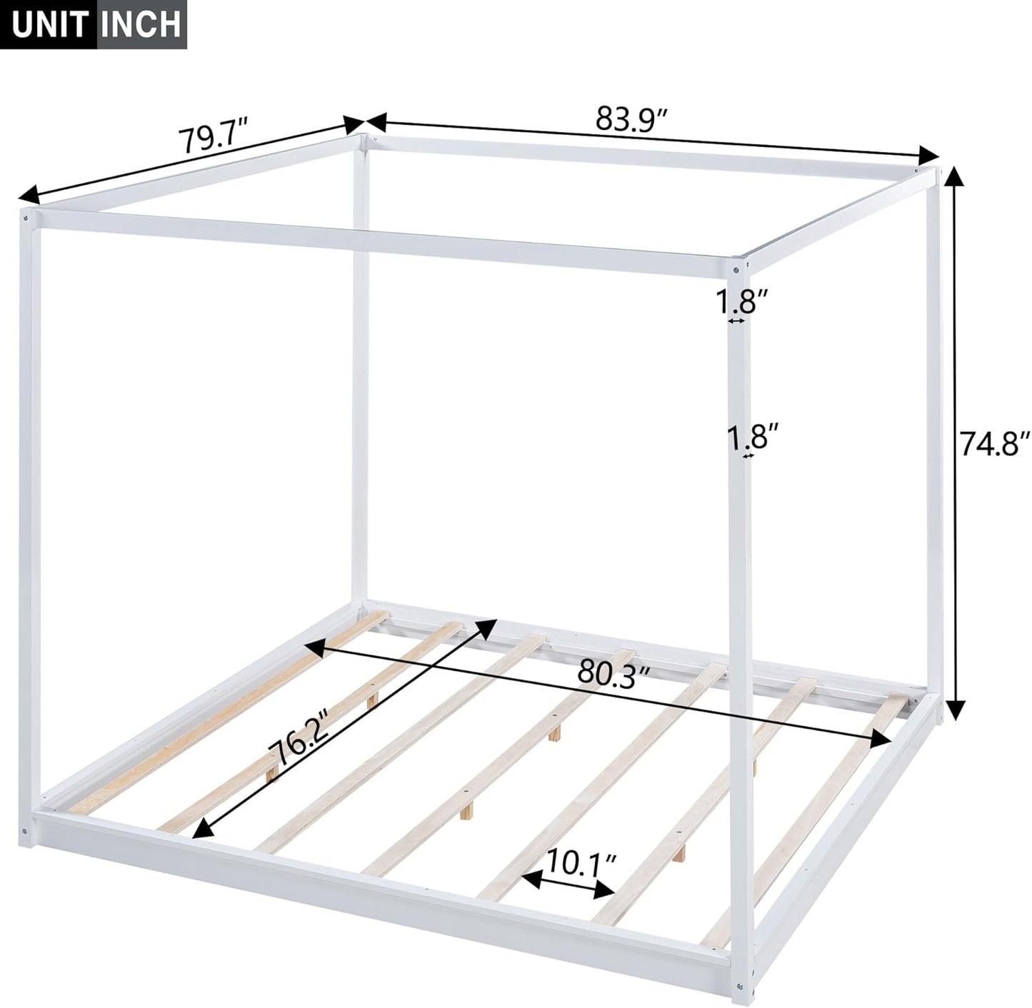 King Size Canopy Platform Bed with Support Legs,Solid Wood Bed Frame,4-Post Canopy-Platform-Bed for Kids Teens Adults, No Box Spring Needed,White