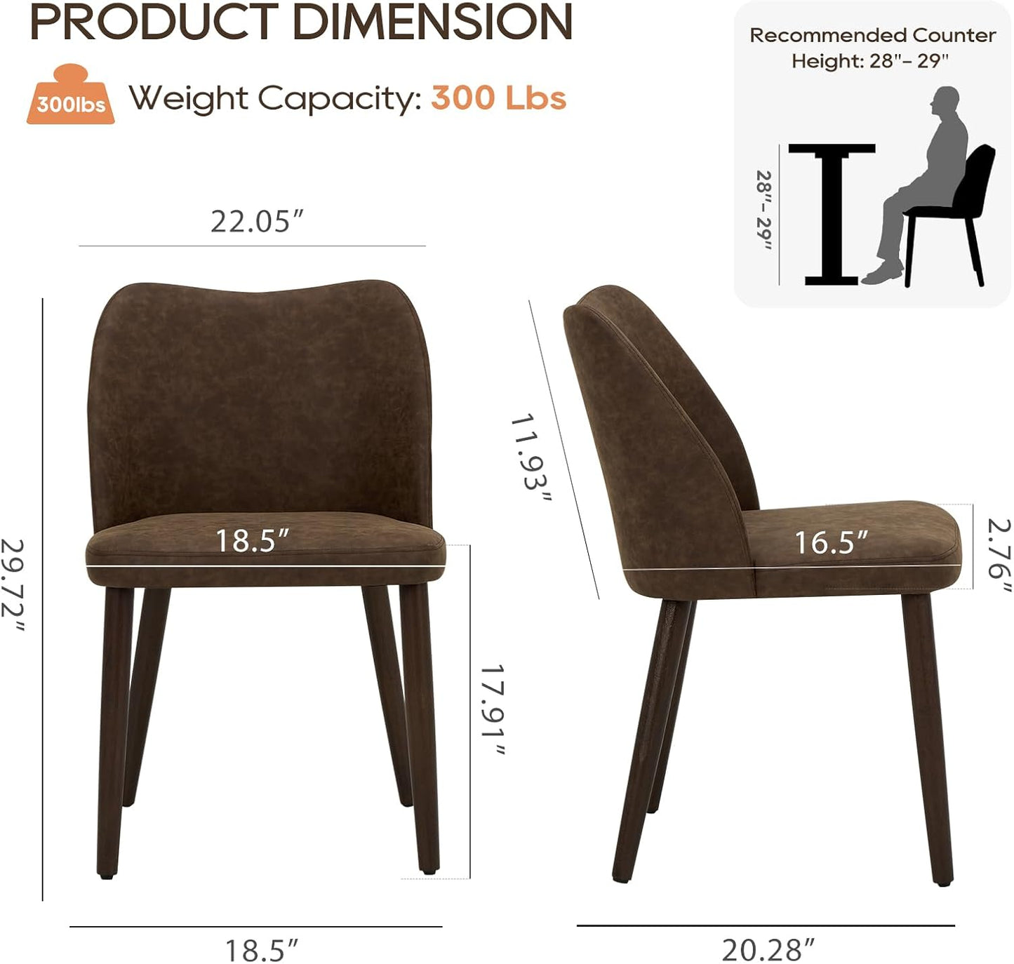 COLAMY Upholstered Dining Chairs Set of 2, Modern PU Leather Dining Room Kitchen Side Chair with Padded Seat and Wood Legs Restaurant/Cafe, Dark Brown