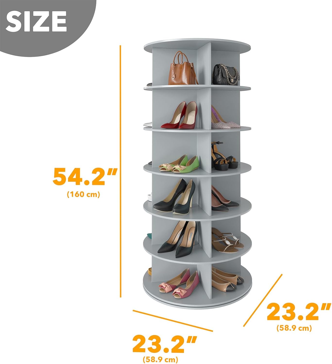SpaceAid 6 Tier Rotating Shoe Rack Tower, Spinning Shoe Display Lazy Susan, Revolving 360 Shoe Rack Storage Round Carousel, Vertical Handbag Rotate Shoes Closet Organization (6-Tier Gray)