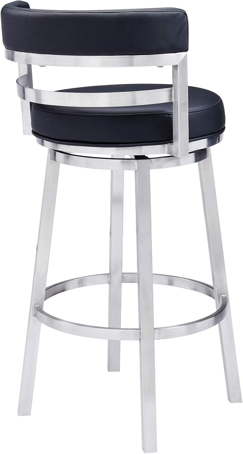 Armen Living Titana 26" Counter Height Swivel Black Faux Leather and Brushed Stainless Steel Bar Stool