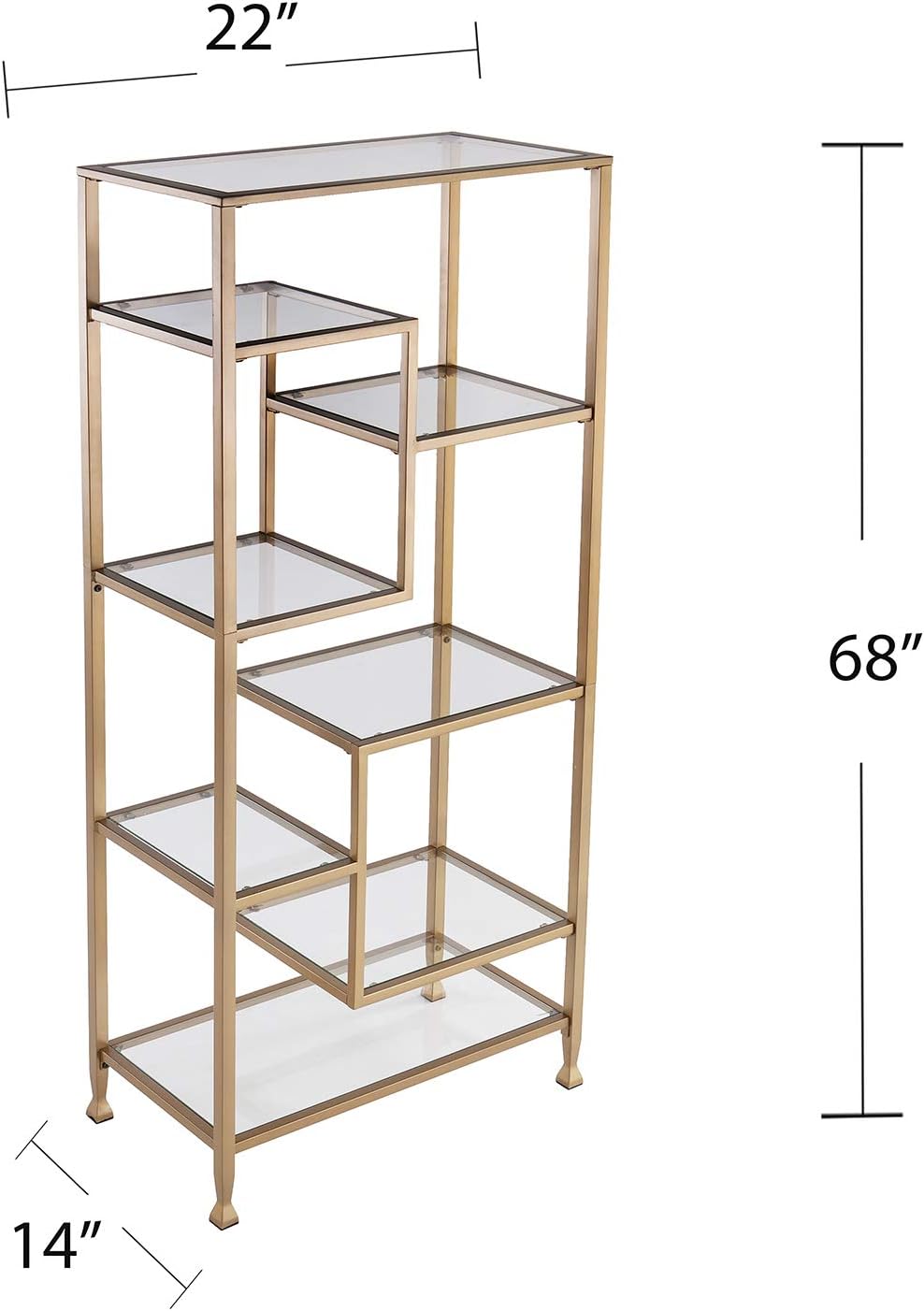 SEI Furniture Jaymes Metal/Glass Asymmetrical Étagère/Bookcase, Gold
