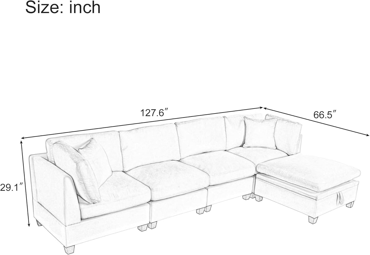 127.6 Inch 5-Seat Modular Convertible Sectional Sofa with Removable Storage Ottoman and 2 Hidden Cupholder, L-Shaped Upholstery Corner Couch for Living Room Apartment Office, Grey