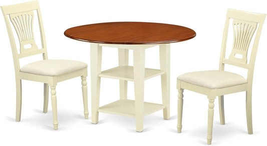 East West Furniture SUPL3-BMK-C 3 Piece Dining Table Set Contains a Round Dining Room Table with Dropleaf & Shelves and 2 Linen Fabric Upholstered Chairs, 42x42 Inch, Buttermilk & Cherry
