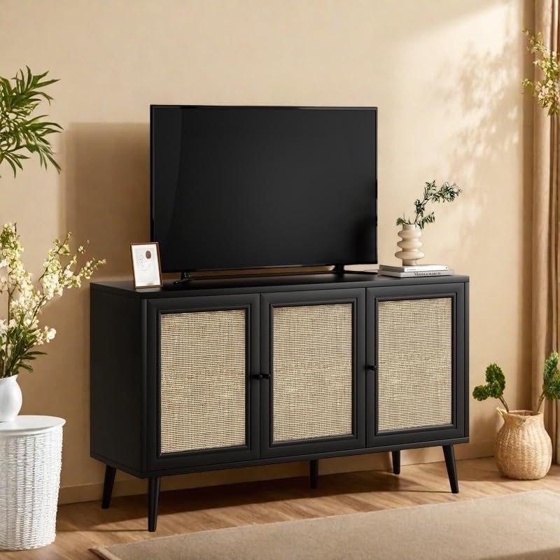 Rattan Entryway Table, Entertainment Center with Adjustable Shelf, Sideboard Buffet Cabinet with 3 Rattan Doors, Modern Console Cabinet with Large Storage for Living Room, Kitchen, Black