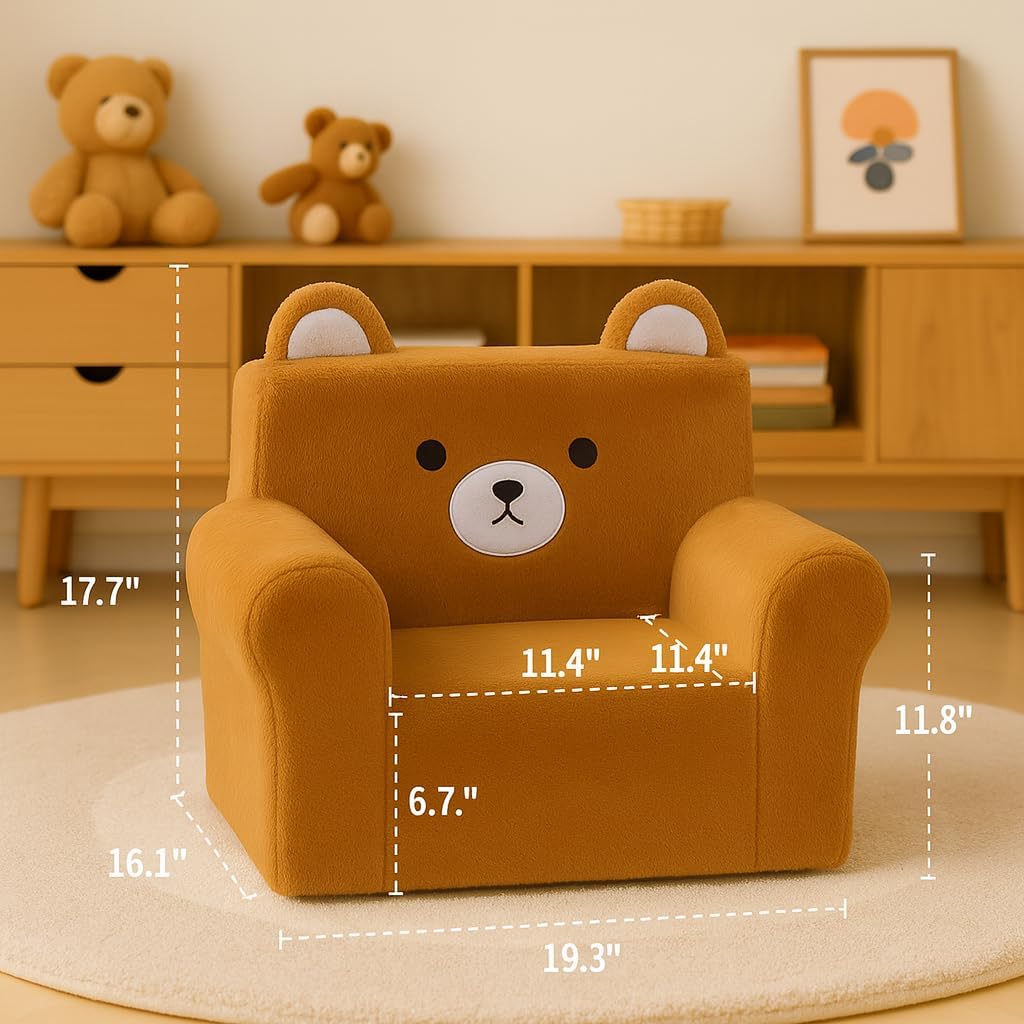 Cute Animal Toddler Foam Chair, Soft Faux Rabbit Fur, Comfy Toddler Lounge Chair and Couch with Arms, Removable Washable Cover, Kids Reading, Relaxing, for Playroom, Bedroom, Ages 1-3, Bear